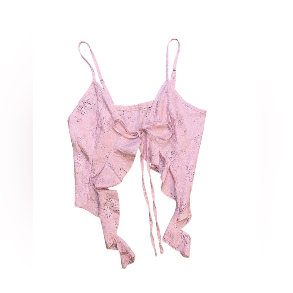 SHEIN Pink Floral Tie-Front Handkerchief Hem Crop Top | Size Small